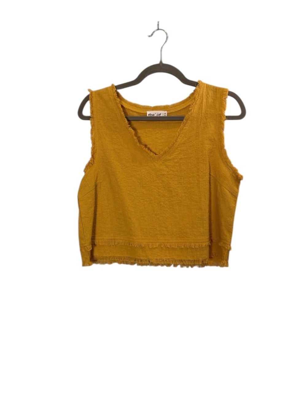 Women’s Gold Cotton Eyelash Fringe V-Neck Sleeveless Crop Top sz M